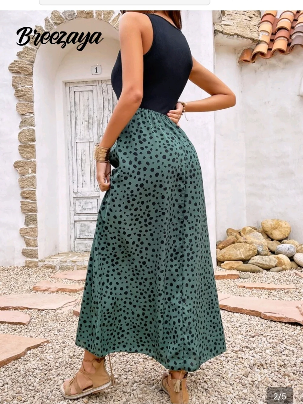 Green Polka Dot Maxi Skirt - Women's Flowy A-Line - Picture 2 of 3